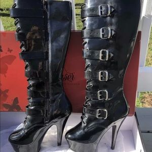 Pleaser Kiss Black Patent Leather Knee High Boots